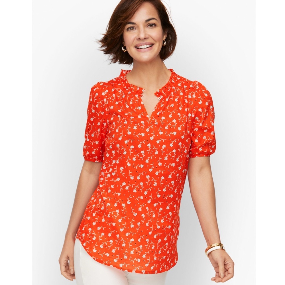 Talbots Ruffle Popover Blouse Scattered Blossoms Orange with White Flowers Large